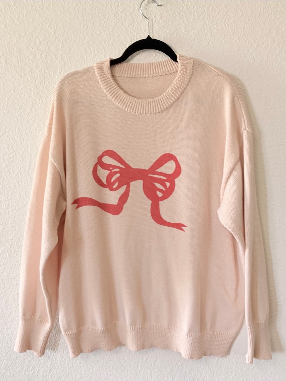 Woman’s cream Pink/red Bow Graphic Crewneck Sweater unbranded chunky winter L/XL
